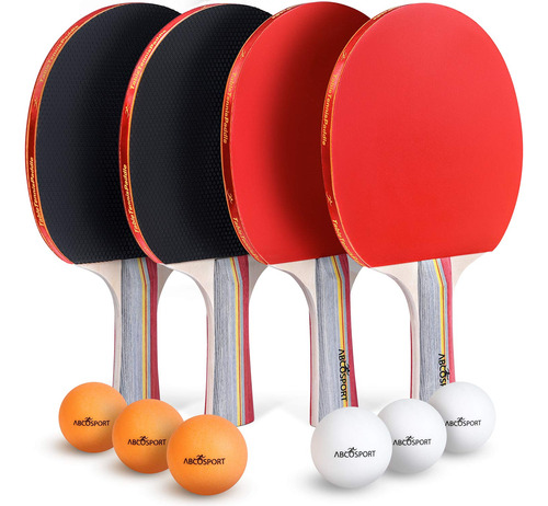 Set De 4 Paletas De Ping Pong, Agarre Ergonomico + 6 Pelotas