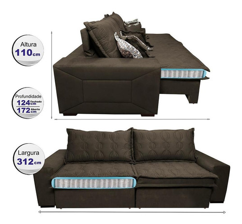 Sofá Retrátil 3,12m Pocket Cama Inbox Supreme Suede Café Desenho do tecido Liso