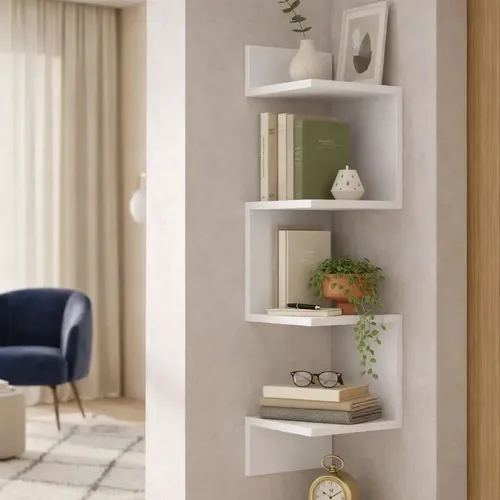 Prateleira De Canto Suspensa Flutuante Parede MDF Nicho Decorativo Livros Sala Quarto Banheiro Branco