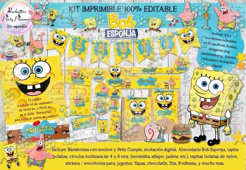 Kit Imprimible Candy Bar Bob Esponja 100% Editable