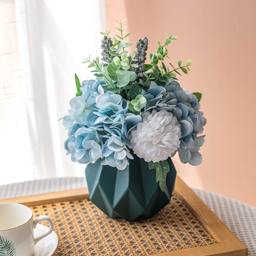 Flor Artificial Jarron Hortensia Azul Seda Arreglo Floral