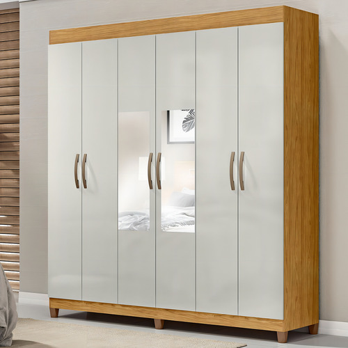 Guarda-roupa Casal Santarem 6 Portas 2 Gavetas Com Espelho Cor Bege