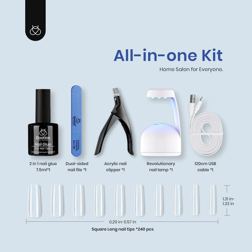 Kit De Extension De Uñas De Gel 240 Puntas Cuadradas Largas Transparentes