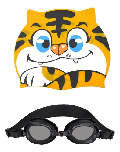 Kit Touca Toca Natação Silicone Personagem Tigre + Óculos Uv Cor Preto/Laranja Desenho do tecido Pintinho Tamanho Único (ajustável)