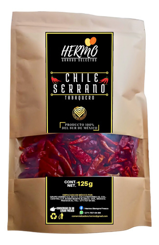 Chile Serrano Tabaquero Seco Hermo - 125g Neto 100% Original