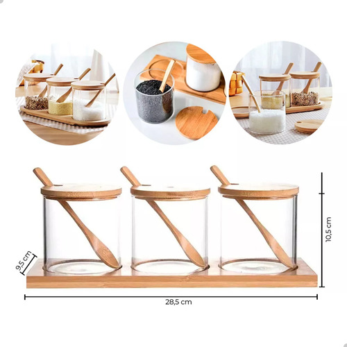 Kit Porta Temperos Cozinha Vidro Colher Suporte Bambu 300ml