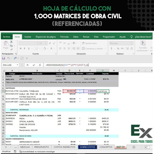 Excel Con 1,000 Matrices De Precios Unitarios De Obra Civil (Usado)
