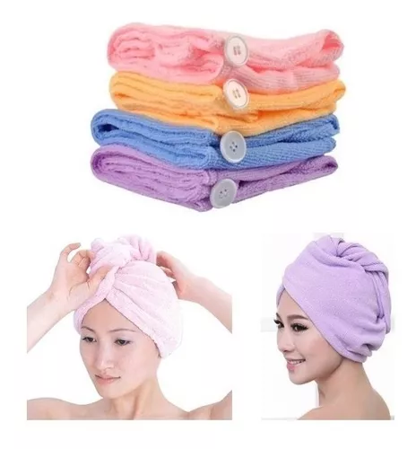 Toalla para el pelo, toallas de secado de pelo, turbante de secado rápido,  gorro de ducha, toalla de secado para el cabello con botón para mujeres y