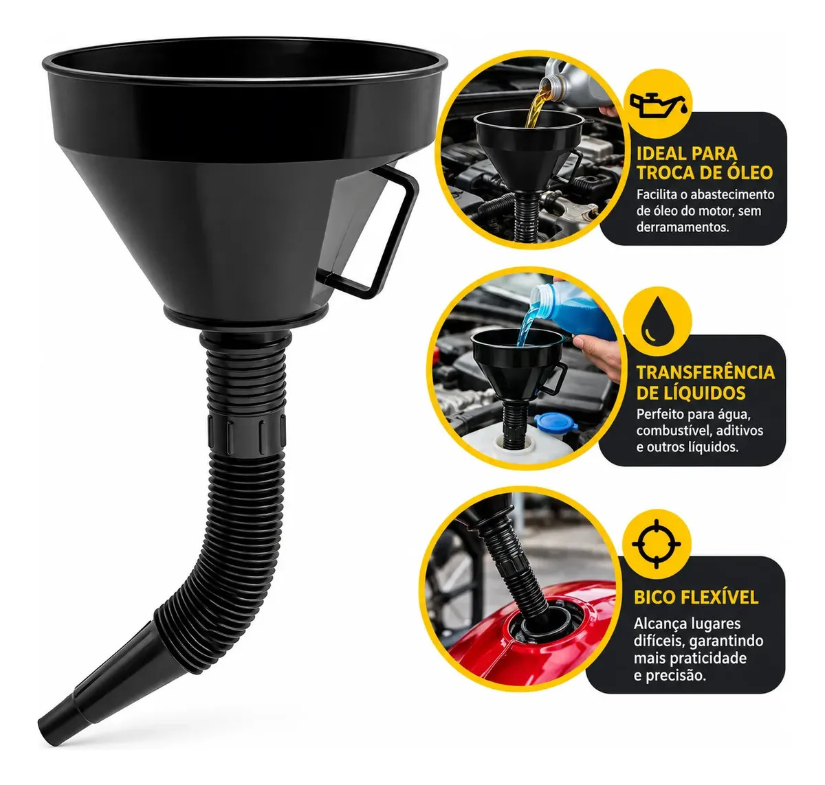Funil Flexível Preto Plástico 34cm Para Troca De Óleo E Combustível