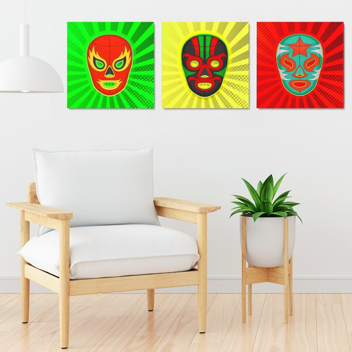 Set 3 Cuadros Canvas Decorativo Lucha Libre Mexicana 20x20cm