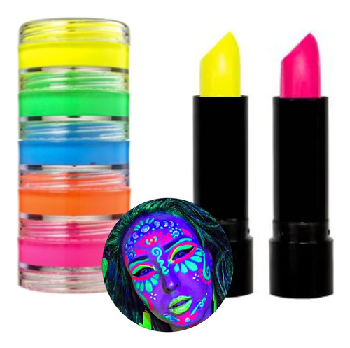 Kit Festa Tinta Facial + 2 Batom Neon Maquiagem Fluorescente