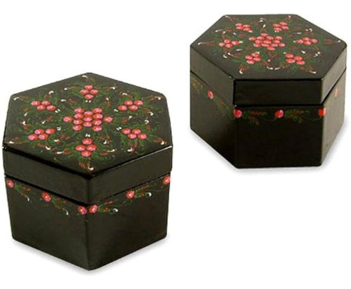 Novica Lacquerware Mango Wood Caja Decorativa, Rosa Y Negro