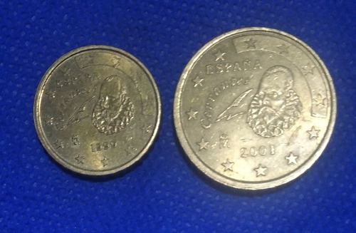 2 Monedas De 10 Y 50 Centavos De Euro De España, Buen Estado