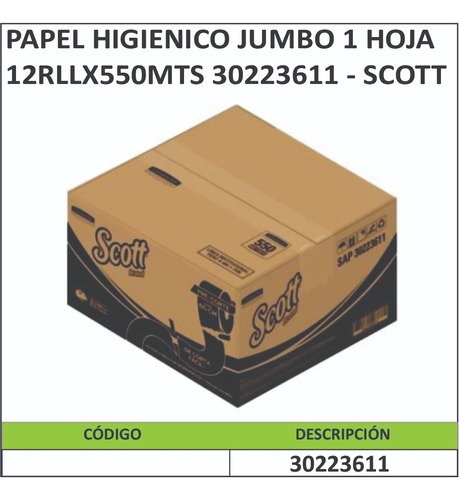 Papel Higienico Jumbo 1 Hoja 12rllx550mts 30223611 - Scott