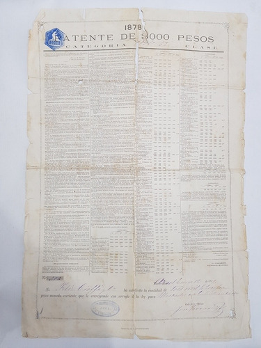 Imagen 1 de 9 de Antigua Patente 25 De Mayo 1878 Venta + Sello 3000 Mag 58064