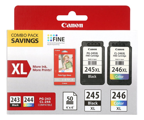 Canon Pg-245xl/cl-246xl Combo De Tinta Y Papel, Negro Y Tric