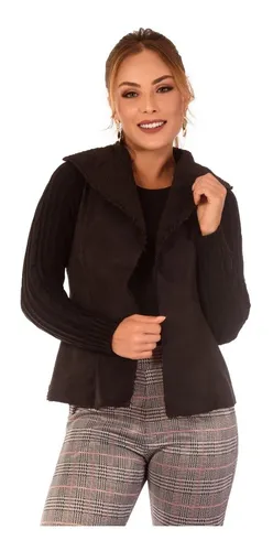 Casaco Preto De Suede Forrado Com Pelo E Mangas De Trico