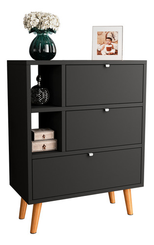 Buffet Aparador 3 Portas Basculante Retro Preto Pés De PVC 85cm X 65cm X 33cm Jm3 Móveis