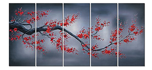 Wieco Art  Red Plum Blossom Moderna 5 Piezas Estirada Y Enma