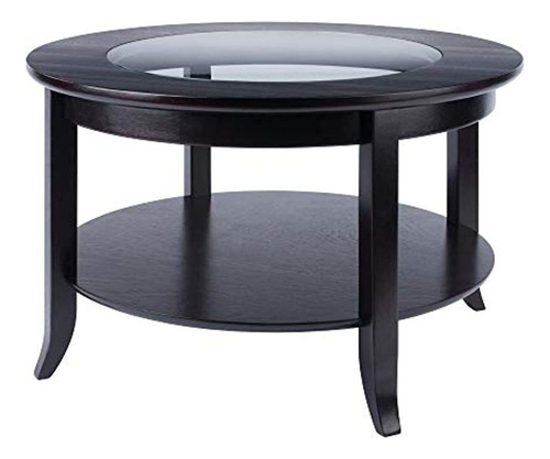 Mesa De Centro Redonda De Madera Negra Y Vidrio, 2 Niveles