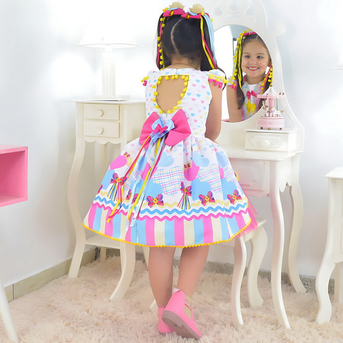 Vestido Junino Quadrilha Tule Rosa + 2 Laço Cabelo