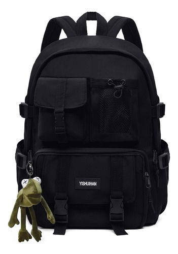 Mochila De Computadora Portátil De Gran Capacidad Bolsa De Fitness Mochila De Ocio Mochila Escolar, Con Adornos De Rana Colgantes, Color Negro