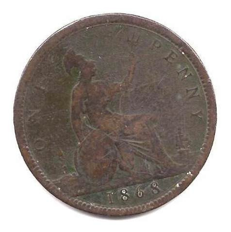 Moneda Inglaterra  Año 1868 1 Penny Victoria  Buena