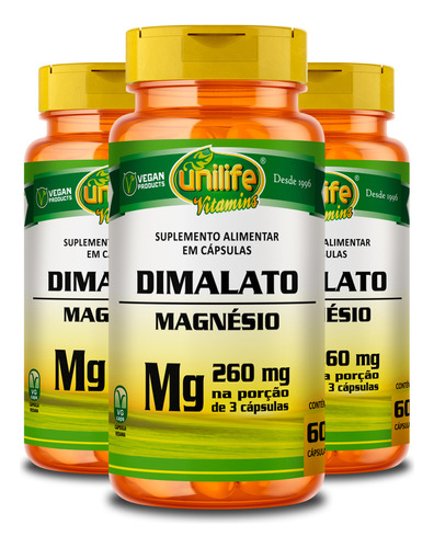 Kit 3 Magnésio Dimalato Unilife Vitamins 60 Cápsulas