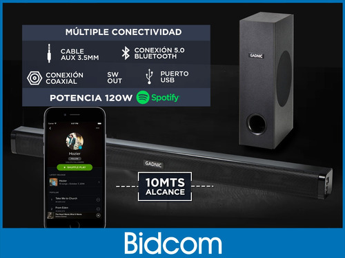 Barra De Sonido Gadnic 120w Bluetooth Usb Sub Woofer Mp3 Aux Color Negro
