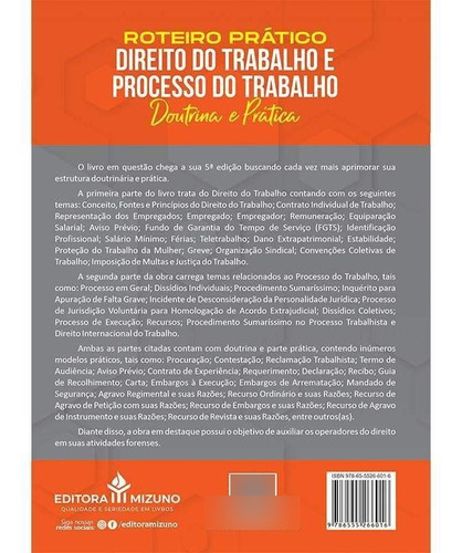 Roteiro Prático: Direito Do Trabalho E Processo Do Trabalho - 5ª Edição, De Ulisses Vieira Moreira Peixoto. Editora Mizuno, Capa Dura, Edição 5 Em Português, 2023