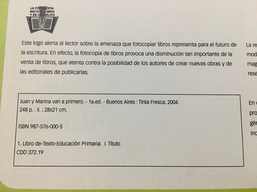 Juan Y María Van A Primero 1 Tinta Fresca (sin Uso Detalle) (Usado)