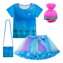 Comprar Disfraz Trolls Poppy Vestido Tutú Para Niñas Fiesta De Cumpleaños Carnaval Cosplay Elfos Mágicos Hadas Amapolas Camiseta Falda Bolso Y Peluca 4 Piezas