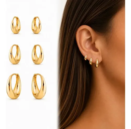 3 Pares Brinco Trio De Argola Gota Clicker Ouro 18k Banhada