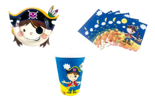 Combo Pirata Descartable 6 Platos 20 Servilletas 6 Vasos