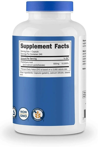 Acido Pantotenico Premium Vitamina B5 500mg 240 Caps Eg Z34 Sabor Nd