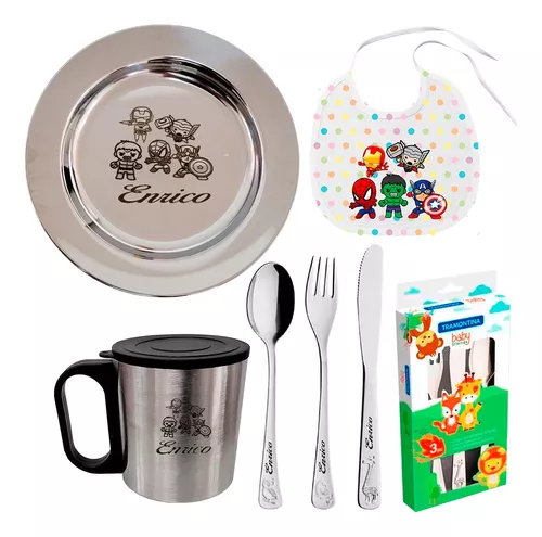 Kit Prato Caneca Talheres Inox Infantil Nome Gravado +brinde