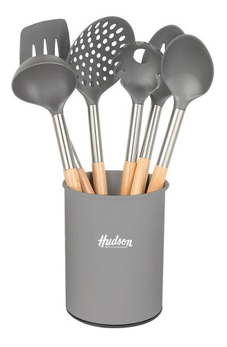 Set 6 Utensilios Nylon Con Mango De Madera Hudson Gris