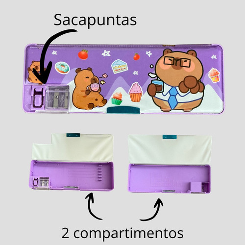 Lapicera Rígida Cartuchera Con Sacapuntas Capibara Stitch Lapicera Capi Morada