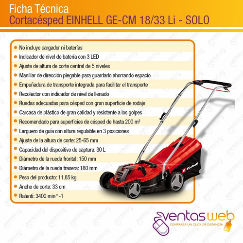 Imagen 8 de 9 de Cortadora D Cesped Inalambrica Einhell Sola 5 Niveles 200 M2