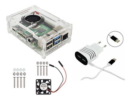 Case Acrílico Proteção Raspberry Pi4+ Cooler + Fonte 3.1a.