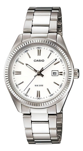 Reloj Casio Dama Blanca Ltp-1302d-7a1v Color de la correa Plateado Color del bisel Plateado Color del fondo Blanco