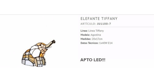 Imagen 2 de 10 de Lampara De Mesa Velador Tiffany Elefante Apto Led