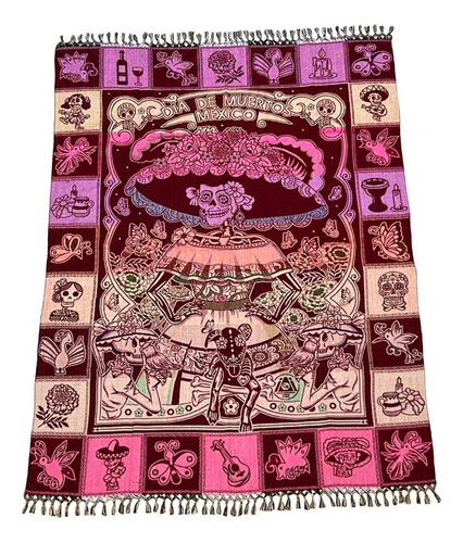 Souvenir Mantel Día De Muertos Catrina 1,5 X 2m (6 Pack) Color Fondo Rojo La Catrina