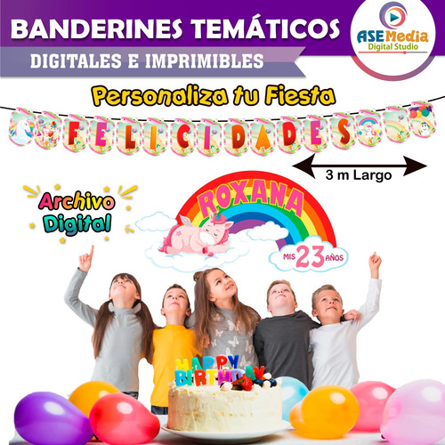 Banderín Unicornios Letrero Banner Cumpleaños Imprimible Pdf