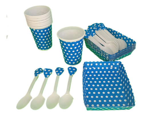 Kit Polka Azul Rey Vasos+bandejas+curbierto 24invitados