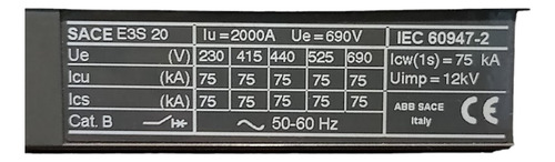 Disjuntor 3p Abb Sace E3s 20 Pr121/p-lsi 2000a 690v 12kv