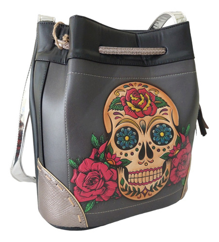 Bolsa Morral Piel Artesanal Cincelado Calavera Gris 