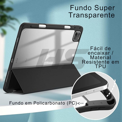 Capa iPad Pro 11 4ª ger M2 2022 3ª ger M1 2021 2ª ger 2020 1ª ger 2018 Fundo Transparente com Suporte Caneta preta