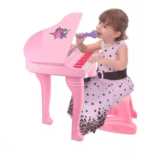 Piano De Cauda Teclado Infantil Com Microfone Gravador Banquinho Preto ou  Rosa Winfun Yes Toys