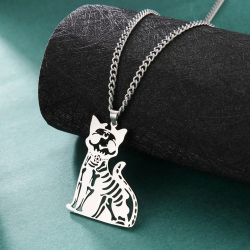 F Collar Gato Esqueleto Wicca Pentagrama Punk De Acero